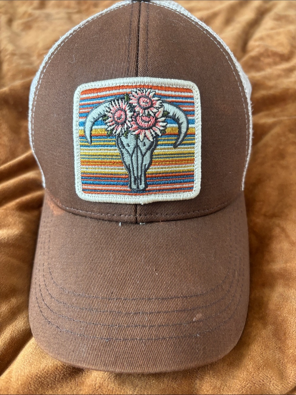 Shyanne Brown Trucker Hat with Floral Skull Patch